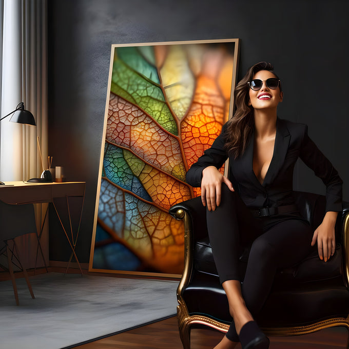 Macro de folha com nervuras em laranja, verde, azul e amarelo iluminada por trás, quadro decorativo