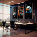 Quadro Decorativo Trio Inspirador Execução, Foco e Disciplina | quadros decorativos para sala | Tríptico com lobo, leão e águia em preto e laranja com olhos azuis vibrantes | em Quadros para Sala | Porao dos Quadros
