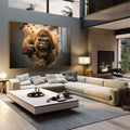 Quadro Decorativo Impactante Ira do Gorila Quebrando a Parede | quadros decorativos para sala | Gorila majestoso em explosão de força com tons dourados e azuis em composição realista dinâmica. | em Quadros para Sala | Porao dos Quadros