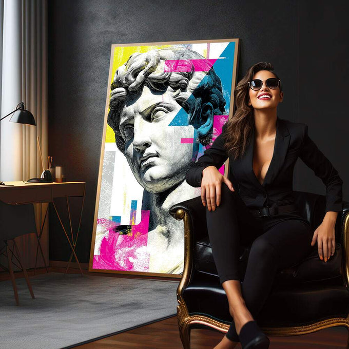 Quadro Decorativo Moderno - Busto Clássico | quadros decorativos para sala | Busto clássico em cinza com fundo geométrico em amarelo, magenta e azul vibrantes | em Quadros para Sala | Porao dos Quadros