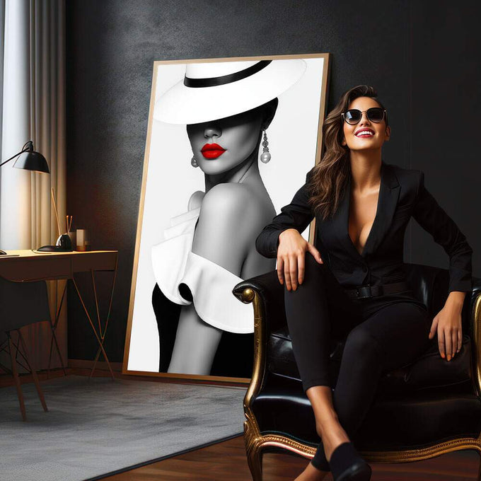 Quadro Decorativo Elegância Feminina | quadros decorativos para sala | Mulher sofisticada em preto e branco com chapéu geométrico branco e lábios vermelhos vibrantes | em Quadros para Sala | Porao dos Quadros