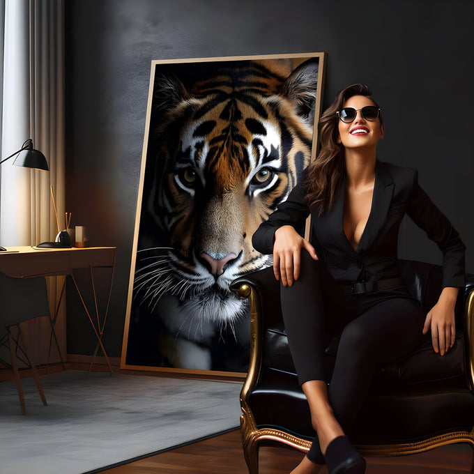 Rosto de tigre de frente com listras pretas e laranja e olhar intenso sobre fundo escuro, quadro decorativo