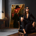 Quadro Decorativo Charme da Pantera Cor-de-Rosa | quadros decorativos para sala | Figura vermelha em composição com tons ouro e preto em expressionismo abstrato vertical | em Quadros para Sala | Porao dos Quadros
