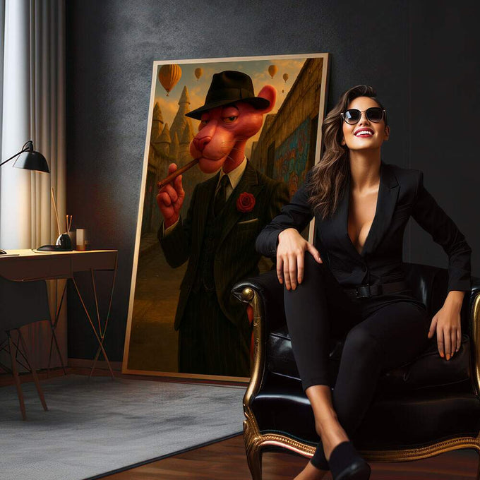 Quadro Decorativo Charme da Pantera Cor-de-Rosa | quadros decorativos para sala | Figura vermelha em composição com tons ouro e preto em expressionismo abstrato vertical | em Quadros para Sala | Porao dos Quadros
