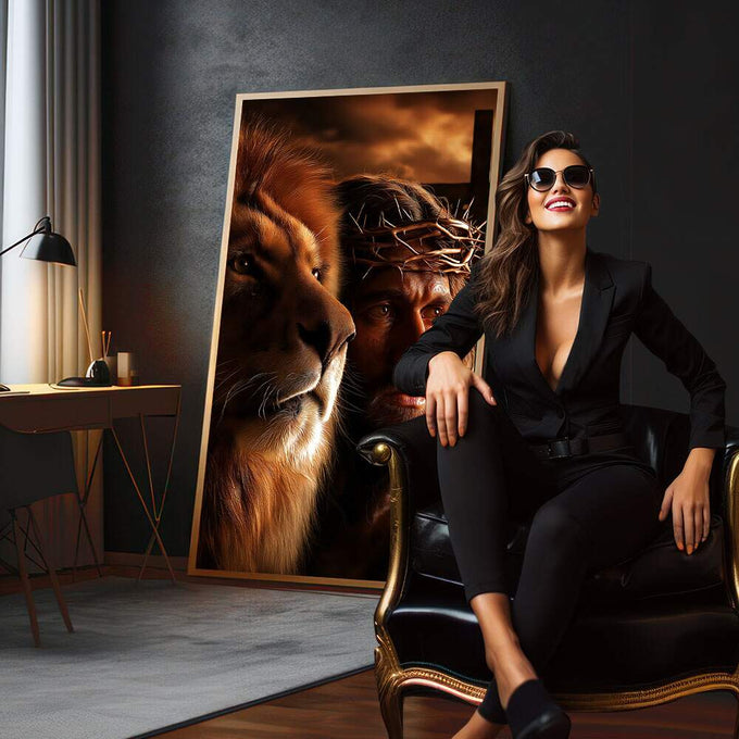 Quadro Decorativo Majestade e Sacrifício Leão de Judá | quadros decorativos para sala | Jesus em encontro sagrado com leão dourado em composição hiperealista e iluminação dramática | em Quadros para Sala | Porao dos Quadros