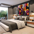 Quadro Decorativo Abstrato Vibrante | quadros decorativos para sala | Dois painéis abstratos com formas geométricas em laranja, roxo, preto e tons neutros com flores estilizadas | em Quadros para Sala | Porao dos Quadros