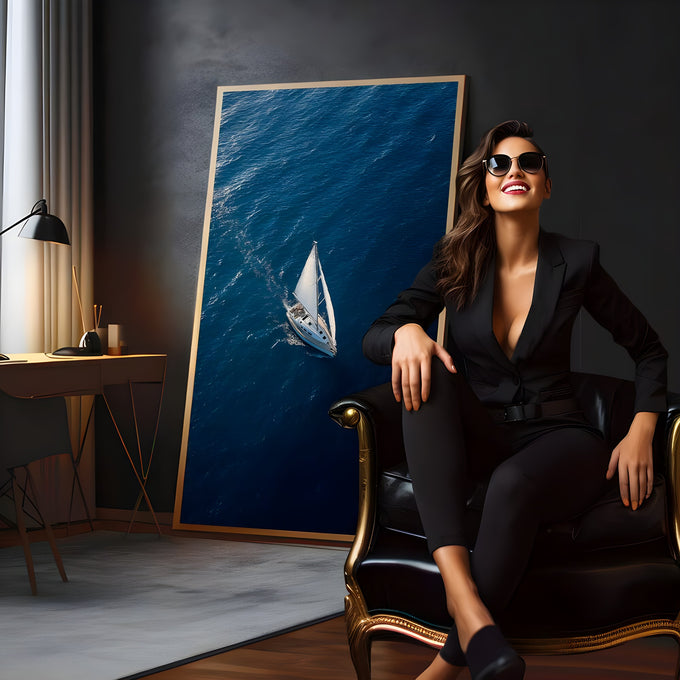 Veleiro branco navegando em mar azul profundo visto de cima, com rastro de espuma, quadro decorativo
