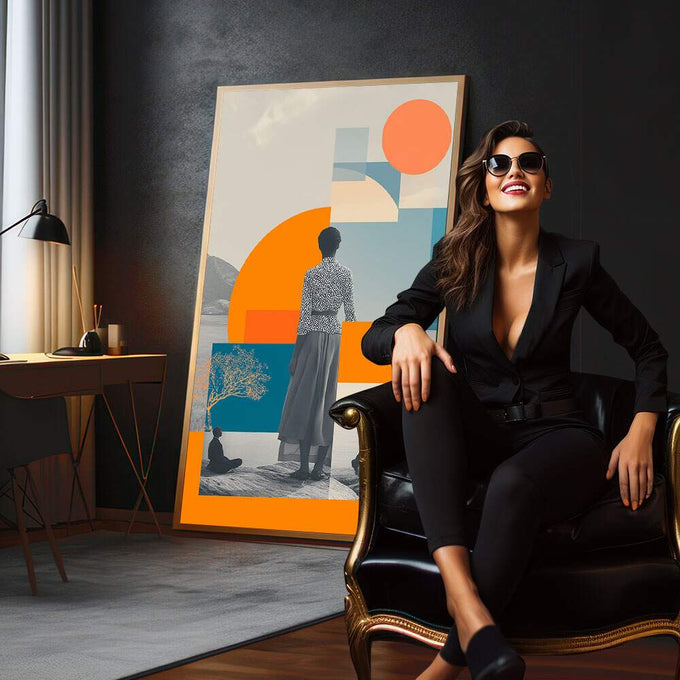 Quadro Decorativo Contemplação Geométrica | quadros decorativos para sala | Mulher contemplativa em preto e branco com sobreposição de formas geométricas laranja e azul vibrantes. | em Quadros para Sala | Porao dos Quadros