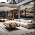 Quadro Decorativo: Cavalos Liberdade em Movimento | quadros decorativos para sala | Cavalos em galope explosivo através de água com luz dourada refletida | em Quadros para Sala | Porao dos Quadros