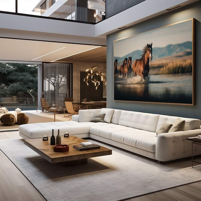 Quadro Decorativo: Cavalos Liberdade em Movimento | quadros decorativos para sala | Cavalos em galope explosivo através de água com luz dourada refletida | em Quadros para Sala | Porao dos Quadros