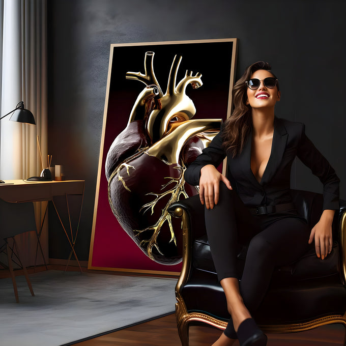Coração anatômico com artérias e veias douradas sobre fundo vinho e preto, quadro decorativo
