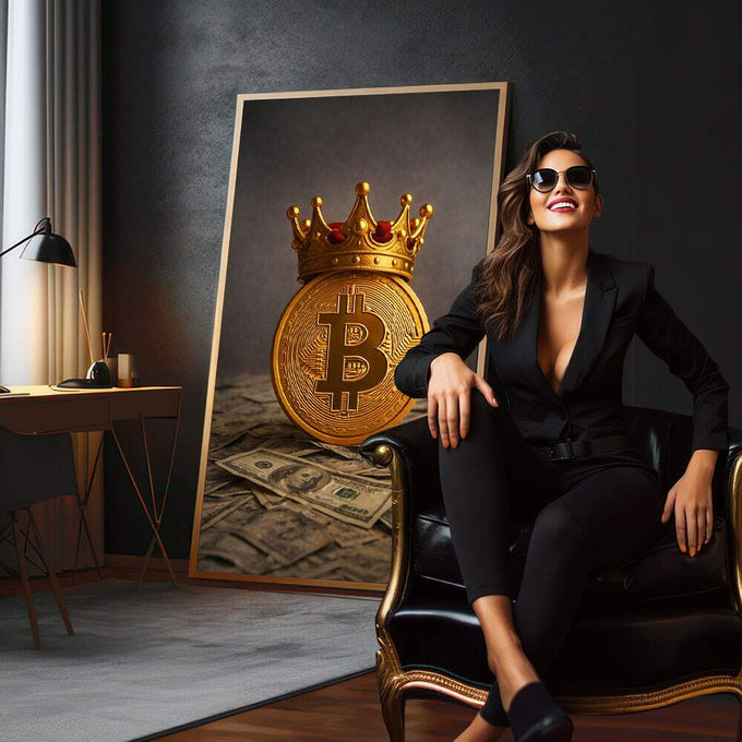 Quadro Decorativo Bitcoin: Poder e Luxo | quadros decorativos para sala | Bitcoin dourado coroado repousa sobre notas de dólar em composição luxuosa com iluminação dramatizada | em Quadros para Sala | Porao dos Quadros