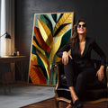 Quadro Decorativo Naturaleza: Arte Orgânica e Vibrante | quadros decorativos para sala | Folhas tropicais estilizadas em amarelo, verde e dourado com composição moderna e dinâmica | em Quadros para Sala | Porao dos Quadros