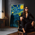 Quadro Decorativo Batman sob o Céu Estrelado | quadros decorativos para sala | Batman observando Gotham sob céu noturno em azul com estrelas e símbolo iluminado | em Quadros para Sala | Porao dos Quadros