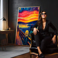 Quadro Decorativo O Grito Arte Impactante | quadros decorativos para sala | Figura angustiada em tons azuis e laranja vibrantes com ondulações expressionistas dinâmicas | em Quadros para Sala | Porao dos Quadros