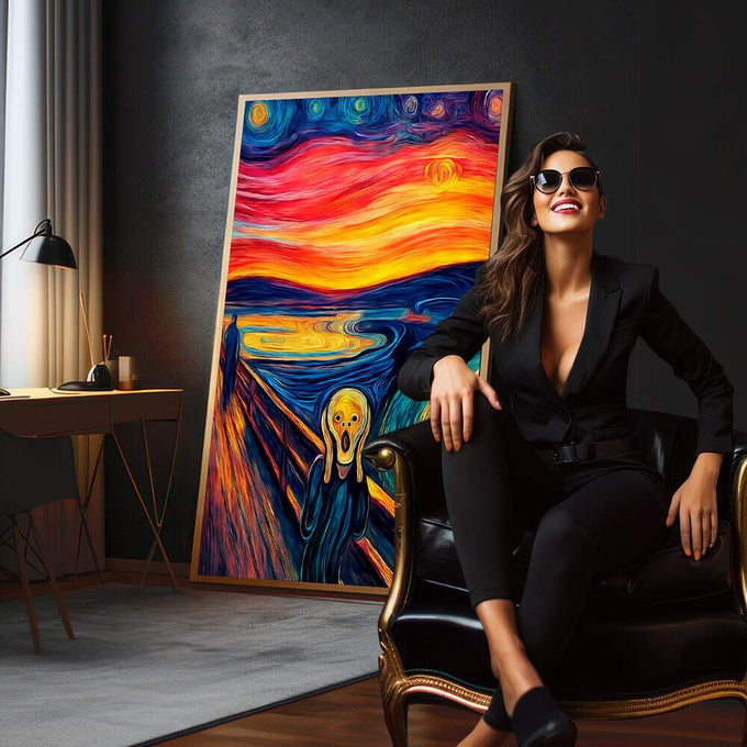 Quadro Decorativo O Grito Arte Impactante | quadros decorativos para sala | Figura angustiada em tons azuis e laranja vibrantes com ondulações expressionistas dinâmicas | em Quadros para Sala | Porao dos Quadros