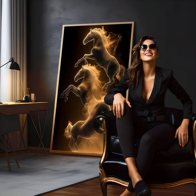 Três cavalos empinados feitos de partículas de luz dourada sobre fundo preto, quadro decorativo