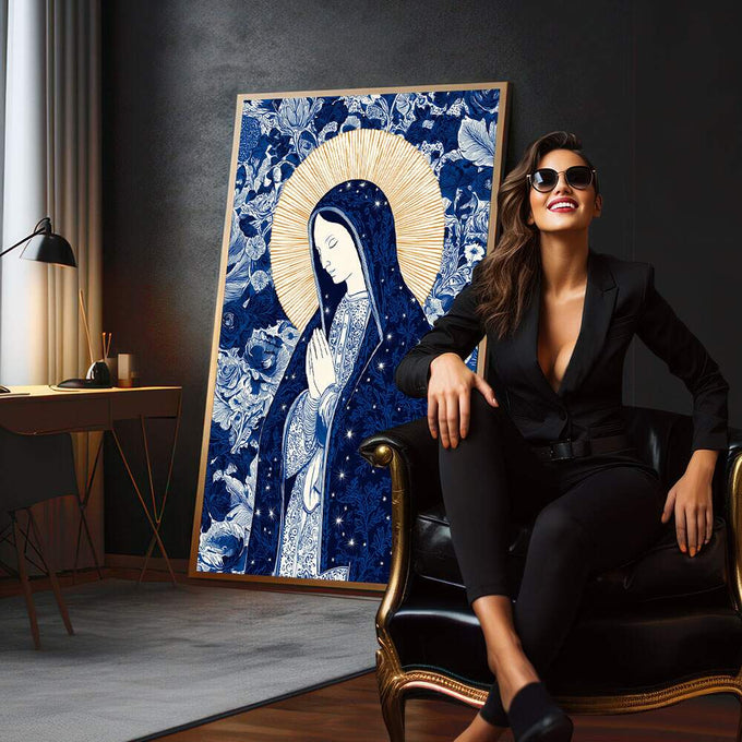 Quadro Decorativo Serene Devotion | quadros decorativos para sala | Nossa Senhora com véu azul, auréola dourada e flores brancas ao redor em composição religiosa ilustrativa | em Quadros para Sala | Porao dos Quadros