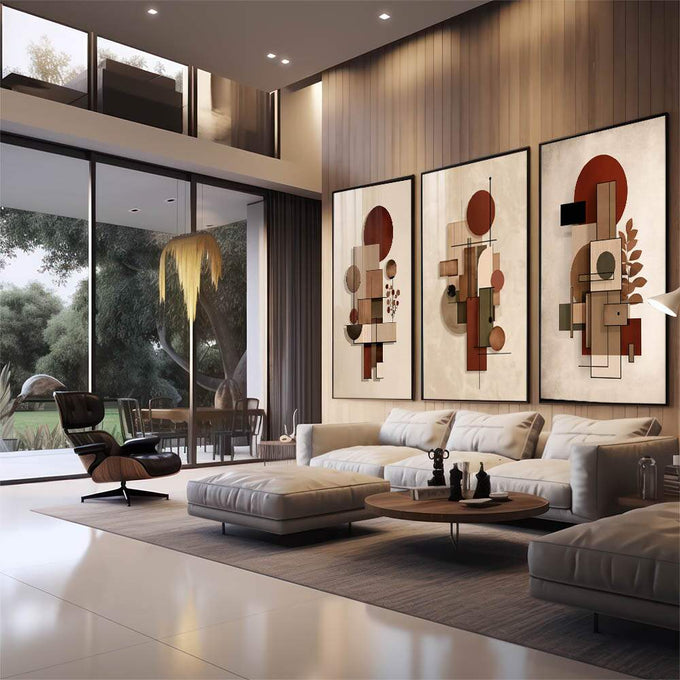 Quadro Decorativo Abstrato Terra & Folhagem | quadros decorativos para sala | Composição abstrata com círculos terracota e formas geométricas em tons bege e creme em sobreposição. | em Quadros para Sala | Porao dos Quadros