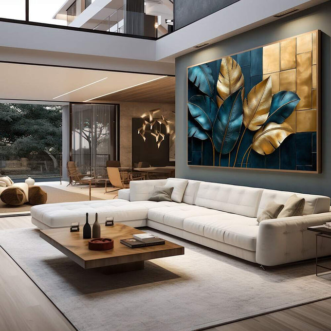 Quadro Decorativo Folhas Douradas e Azuis | quadros decorativos para sala | Folhas douradas e azuis em composição moderna com fundo geométrico luxuoso | em Quadros para Sala | Porao dos Quadros