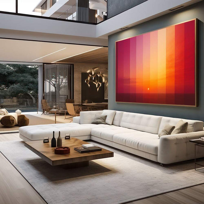Quadro Decorativo Pôr do Sol Vibrante | quadros decorativos para sala | Pôr do sol em degradê de magenta, rosa, laranja e amarelo com círculo solar central | em Quadros para Sala | Porao dos Quadros