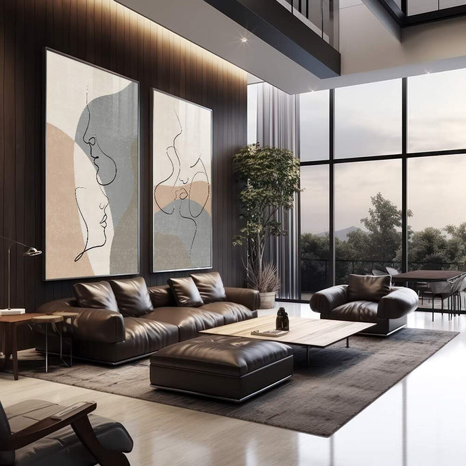 Quadro Decorativo Elegância Abstrata - Toque Moderno | quadros decorativos para sala | Dois quadros com perfis abstratos em linha contínua em tons bege, cinza e azul pastel. | em Quadros para Sala | Porao dos Quadros