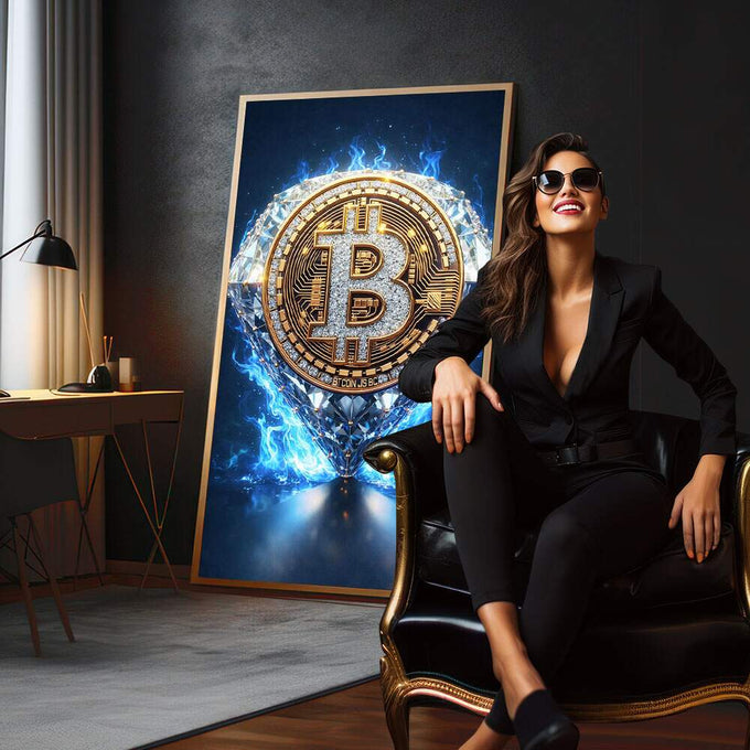 Quadro Decorativo Bitcoin Brilhante | quadros decorativos para sala | Bitcoin em chamas azuis e dourado com aura luminosa em composição dinâmica | em Quadros para Sala | Porao dos Quadros