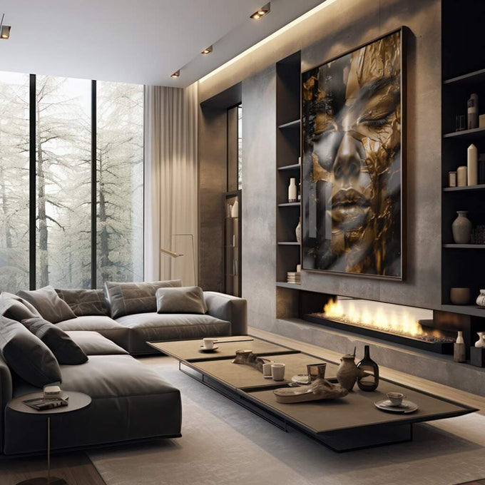 Quadro Decorativo - Luxo Dourado Feminino Inesquecível | quadros decorativos para sala | Rosto em preto e dourado com texturas sobrepostas e efeito de ouro batido. | em Quadros para Sala | Porao dos Quadros