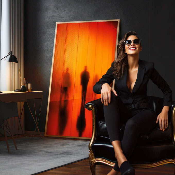 Quadro Decorativo: Movimento e Emoção | quadros decorativos para sala | Silhuetas humanas em tons de vermelho e laranja com degradê luminoso e textura de linhas verticais | em Quadros para Sala | Porao dos Quadros