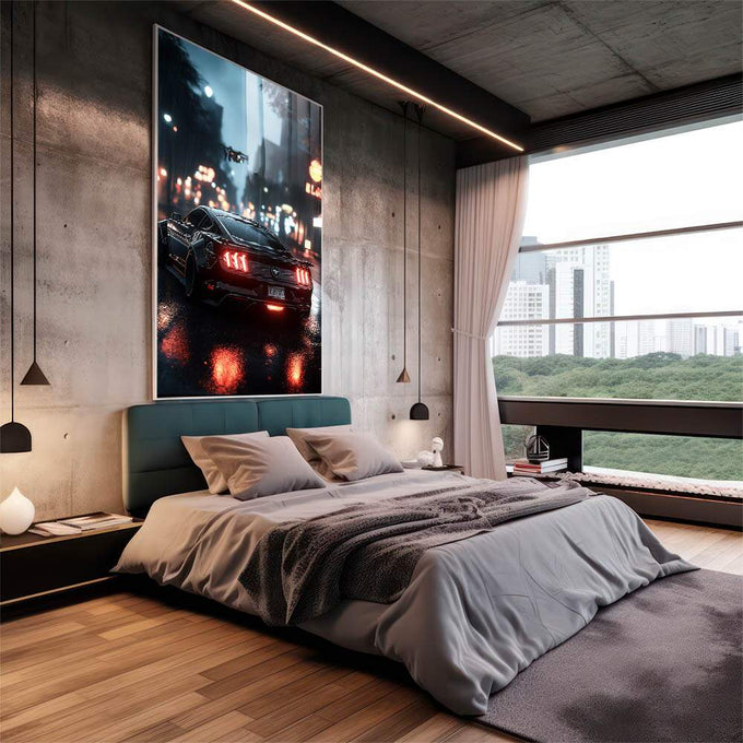 Quadro Decorativo: Noite Urbana com Carro Esportivo | quadros decorativos para sala | Mustang vermelho em chuva noturna com lanternas vermelhas brilhantes em rua urbana | em Quadros para Sala | Porao dos Quadros