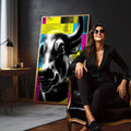 Quadro Decorativo Boêmio da Força | quadros decorativos para sala | Touro em preto e branco com padrões geométricos amarelos, azuis e rosa neon em estilo pop art | em Quadros para Sala | Porao dos Quadros