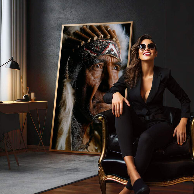 Quadro Decorativo - Retrato de Sabedoria Indígena | quadros decorativos para sala | Retrato fotográfico de indígena com cocar tradicional em tons marrom e preto com luz expressiva. | em Quadros para Sala | Porao dos Quadros