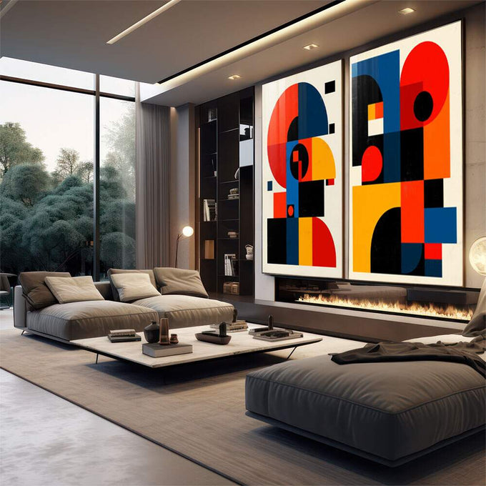 Quadro Decorativo Abstrato Energizante | quadros decorativos para sala | Duas composições abstratas geométricas com círculos, retângulos em vermelho, azul, amarelo e preto | em Quadros para Sala | Porao dos Quadros