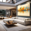 Quadro Decorativo Horizon Urbano | quadros decorativos para sala | Skyline abstrato com torres em dourado, laranja e azul com reflexo aquoso perfeito | em Quadros para Sala | Porao dos Quadros
