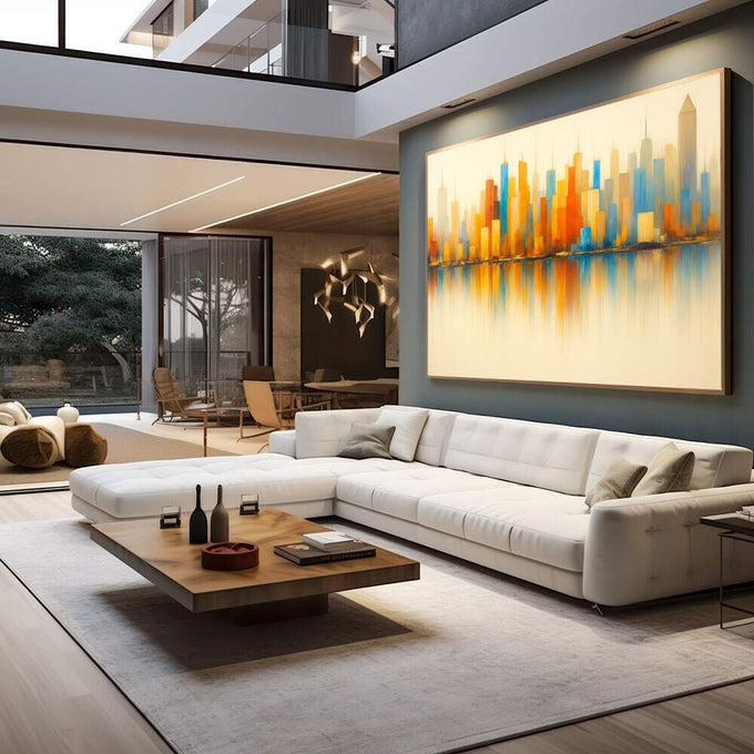 Quadro Decorativo Horizon Urbano | quadros decorativos para sala | Skyline abstrato com torres em dourado, laranja e azul com reflexo aquoso perfeito | em Quadros para Sala | Porao dos Quadros