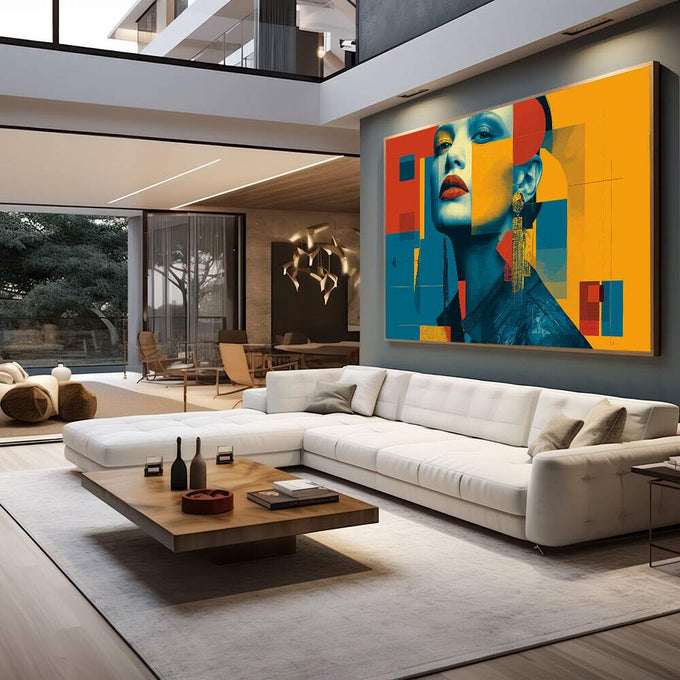 Quadro Decorativo Mulher Moderna | quadros decorativos para sala | Mulher em composição pop art geométrica com tons azul, vermelho, amarelo e laranja vibrantes. | em Quadros para Sala | Porao dos Quadros