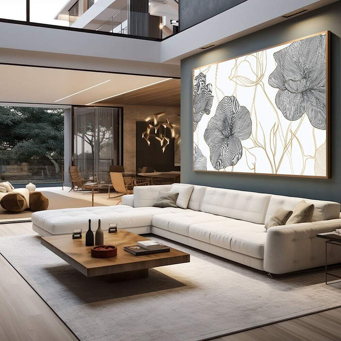 Quadro Decorativo Floral Preto e Dourado | quadros decorativos para sala | Flores em preto com ramos e linhas em dourado em composição botânica elegante | em Quadros para Sala | Porao dos Quadros