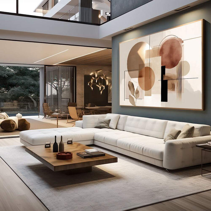 Quadro Decorativo Abstract Harmony Sophisticated | quadros decorativos para sala | Composição abstrata com círculos e formas geométricas em tons bege, terracota e preto em harmonia visual. | em Quadros para Sala | Porao dos Quadros