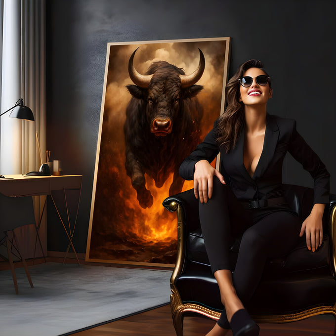 Touro preto de chifres longos correndo entre chamas laranja e fumaça dourada, quadro decorativo
