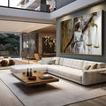 Quadro Decorativo Justiça com Elegância e Força | quadros decorativos para sala | Mulher em branco com balança dourada, listras verticais pretas e douradas, composição elegante e simbólica | em Quadros para Sala | Porao dos Quadros