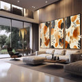 Quadro Decorativo Tripartite de Tons Terrosos para Ambientes Sofisticados | quadros decorativos para sala | Triptical com flores abstratas em laranja queimado, preto e texturas pontilhadas em aquarela | em Quadros para Sala | Porao dos Quadros