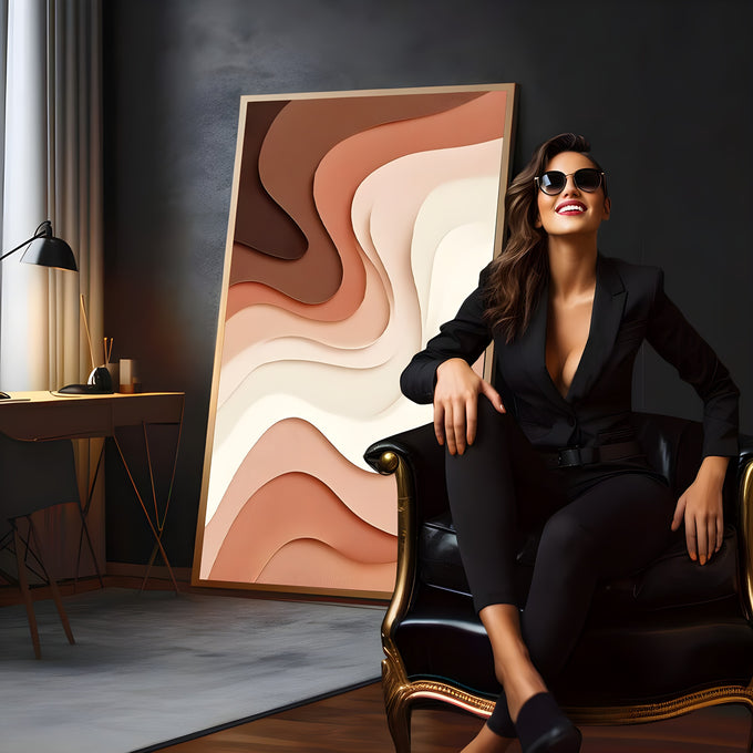 Ondas abstratas em camadas com relevo em terracota, marrom, rosa e creme, quadro decorativo