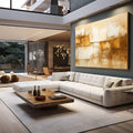 Quadro Decorativo Serenidade Abstrata | quadros decorativos para sala | Composição abstrata em tons dourado e bege com texturas em camadas fluidas e blocos geométricos. | em Quadros para Sala | Porao dos Quadros