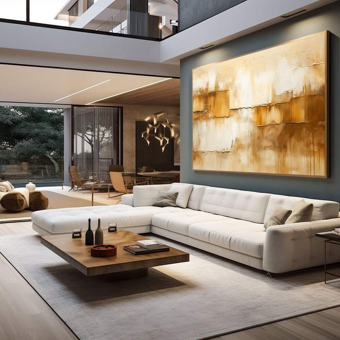 Quadro Decorativo Serenidade Abstrata | quadros decorativos para sala | Composição abstrata em tons dourado e bege com texturas em camadas fluidas e blocos geométricos. | em Quadros para Sala | Porao dos Quadros