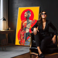 Dança de Cores: Quadro Abstrato Feminino | quadros decorativos para sala | Mulher oriental em vermelho com círculos geométricos em fundo amarelo ouro, composição moderna e vibrante | em Quadros para Sala | Porao dos Quadros