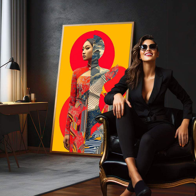 Dança de Cores: Quadro Abstrato Feminino | quadros decorativos para sala | Mulher oriental em vermelho com círculos geométricos em fundo amarelo ouro, composição moderna e vibrante | em Quadros para Sala | Porao dos Quadros