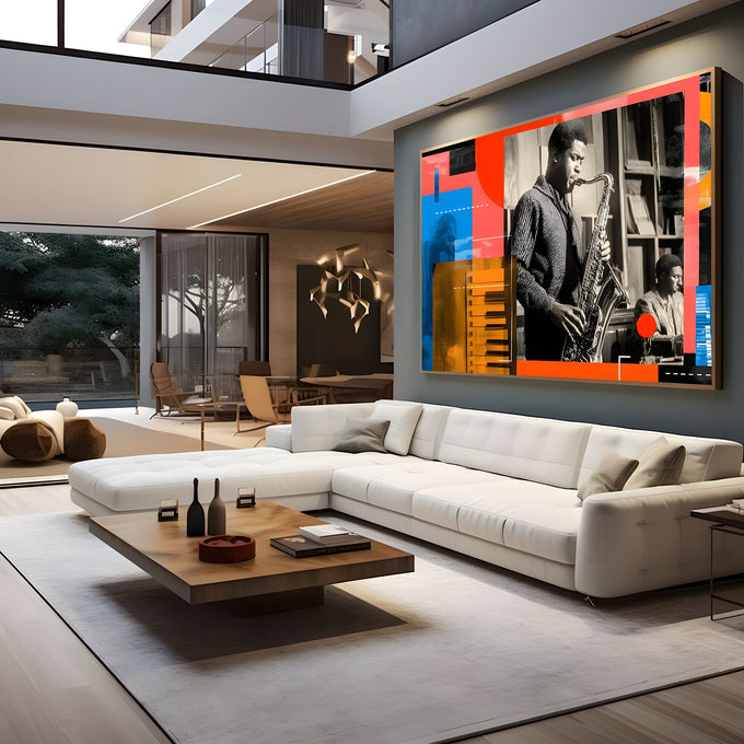 Saxofonista de jazz em preto e branco com piano e blocos vermelho, azul e laranja, quadro decorativo