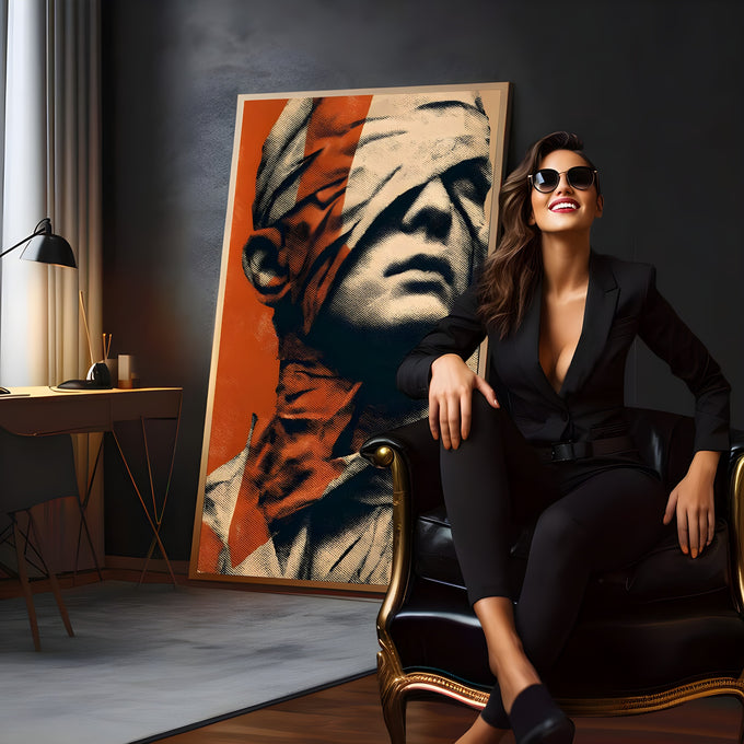Rosto de escultura clássica vendado com tecido em estilo pop art retícula laranja e bege, quadro decorativo