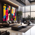 Quadro Decorativo Moderno: Elegância e Sofisticação em Dois Tons | quadros decorativos para sala | Díptico pop art com rosto feminino em magenta, amarelo, azul e preto com padrões pontilhados | em Quadros para Sala | Porao dos Quadros