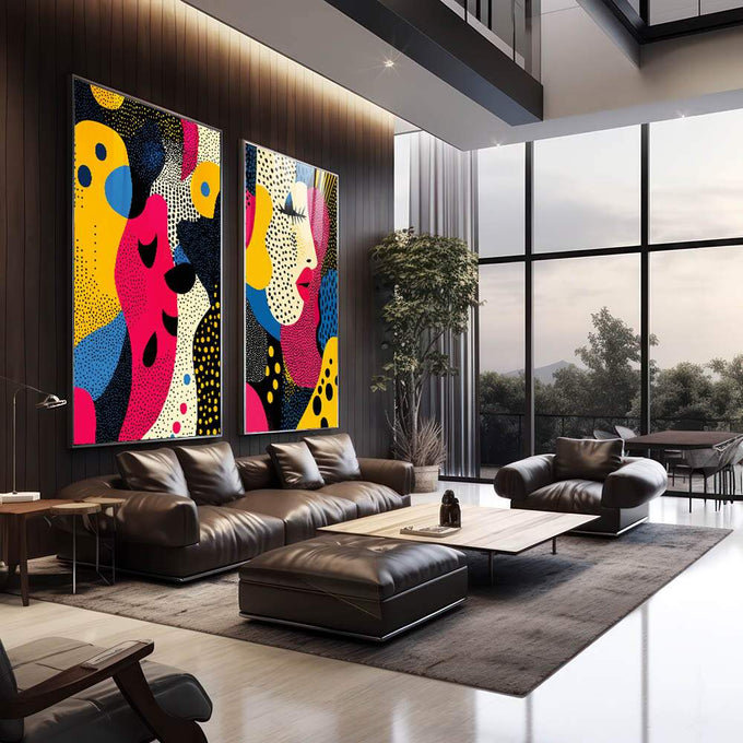 Quadro Decorativo Moderno: Elegância e Sofisticação em Dois Tons | quadros decorativos para sala | Díptico pop art com rosto feminino em magenta, amarelo, azul e preto com padrões pontilhados | em Quadros para Sala | Porao dos Quadros